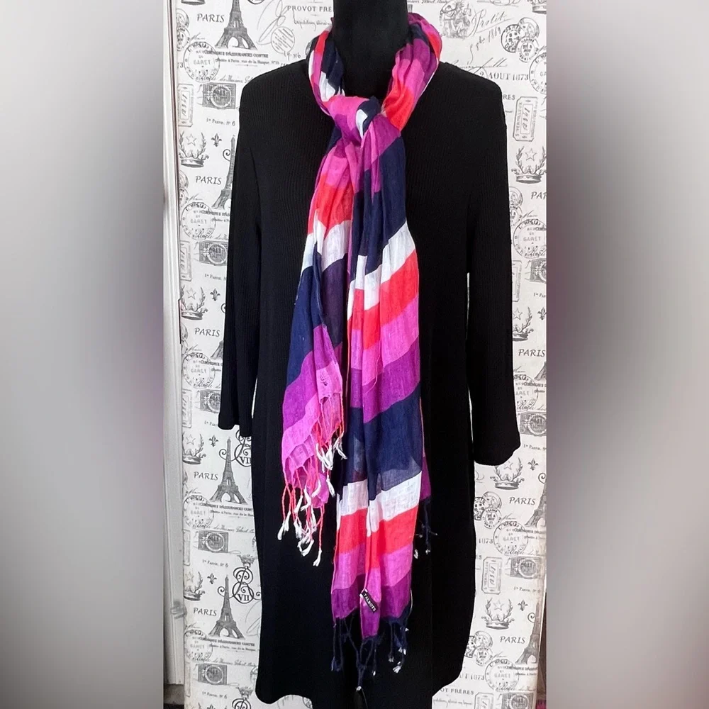 Talbots Lightweight Striped Scarf Pink Purple Navy White Fringe Wrap Shawl